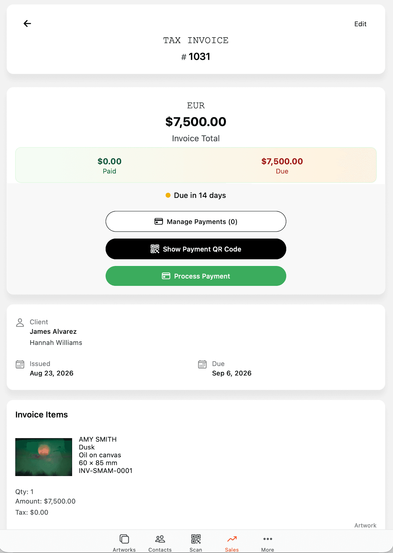 Art Galleria Folio — tax invoice with payment status and artwork details on the phone.