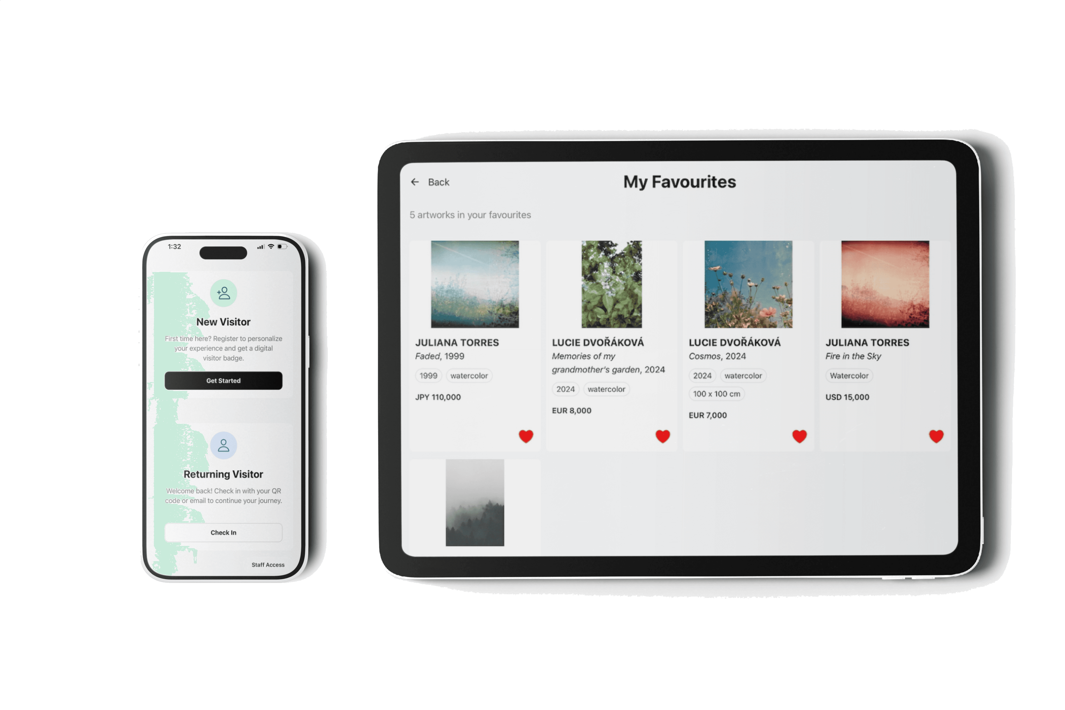 AG Kiosk on phone and tablet — visitor check-in and a favourites collection.