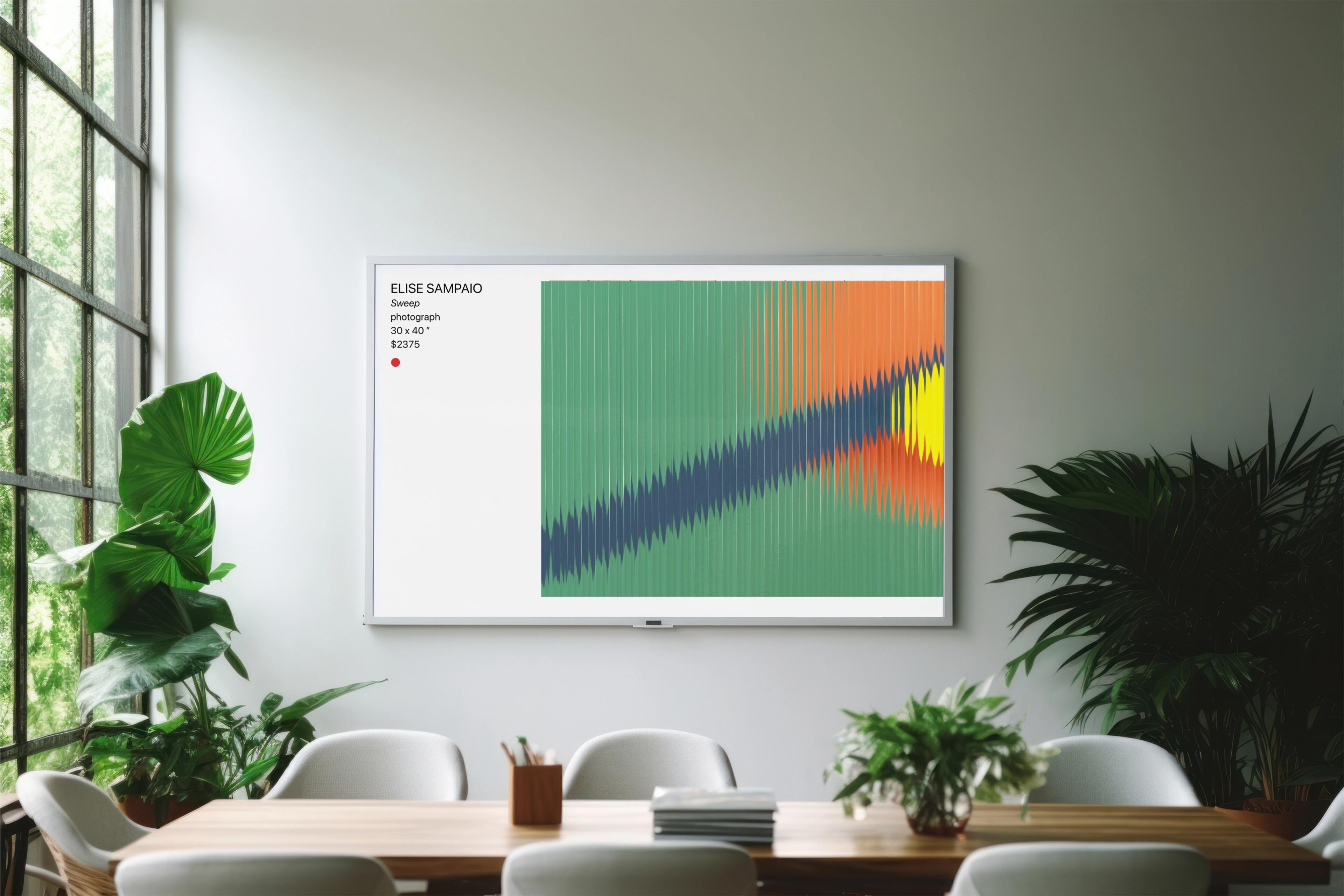 AG Slides on a meeting-room screen — Elise Sampaio, Sweep, with artwork details.