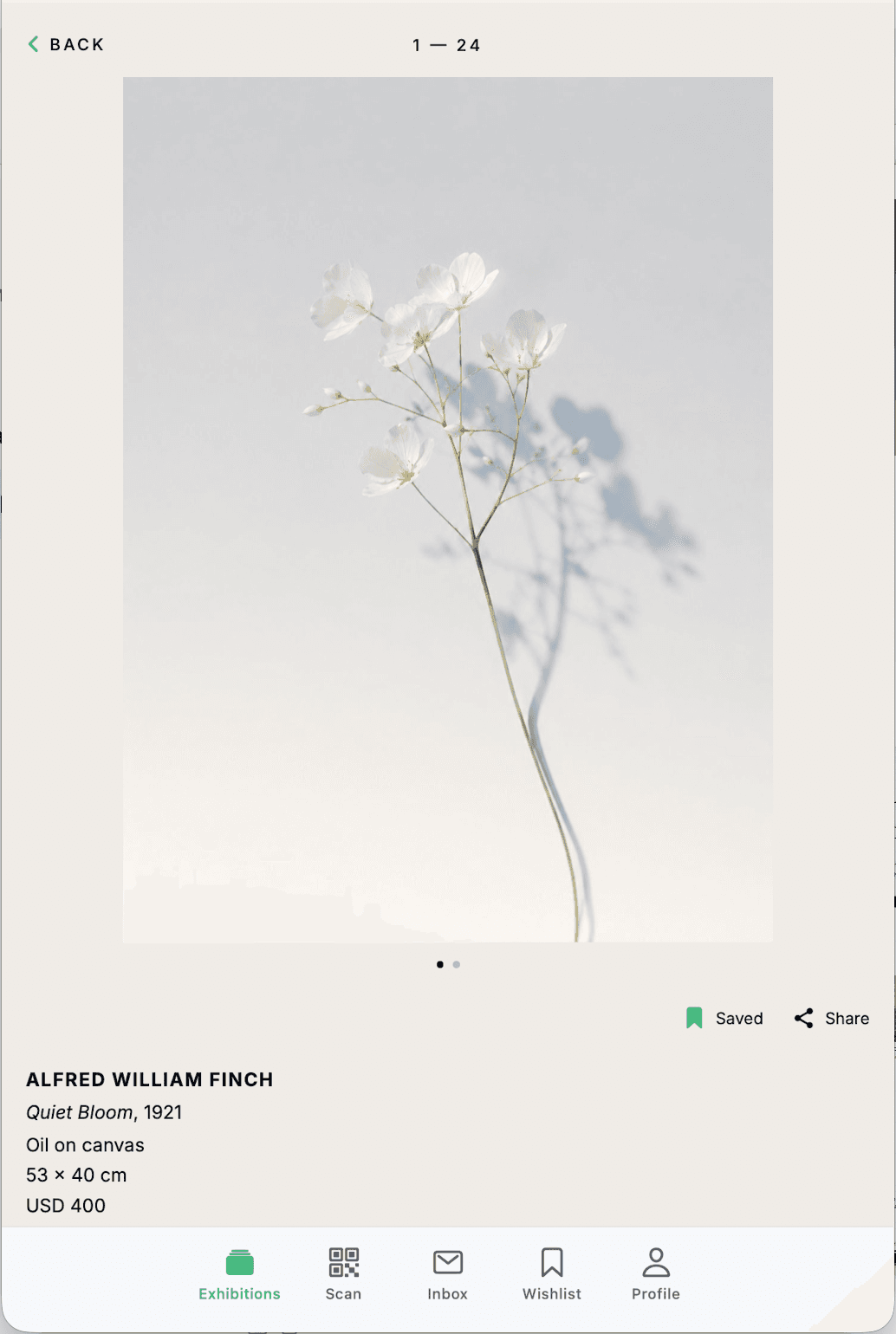 ArtPass artwork detail — Quiet Bloom saved during the exhibition.