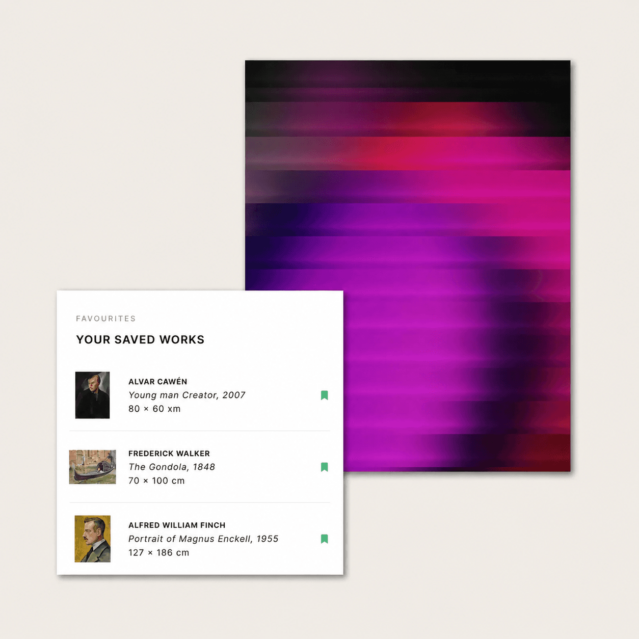 ArtPass saved works overlaying an abstract painting — Alvar Cawén, Frederick Walker and Alfred William Finch.