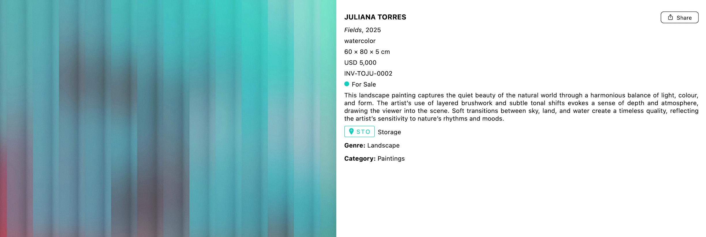 Artwork record for Juliana Torres, Fields, 2025 — watercolor, USD 5,000, for sale