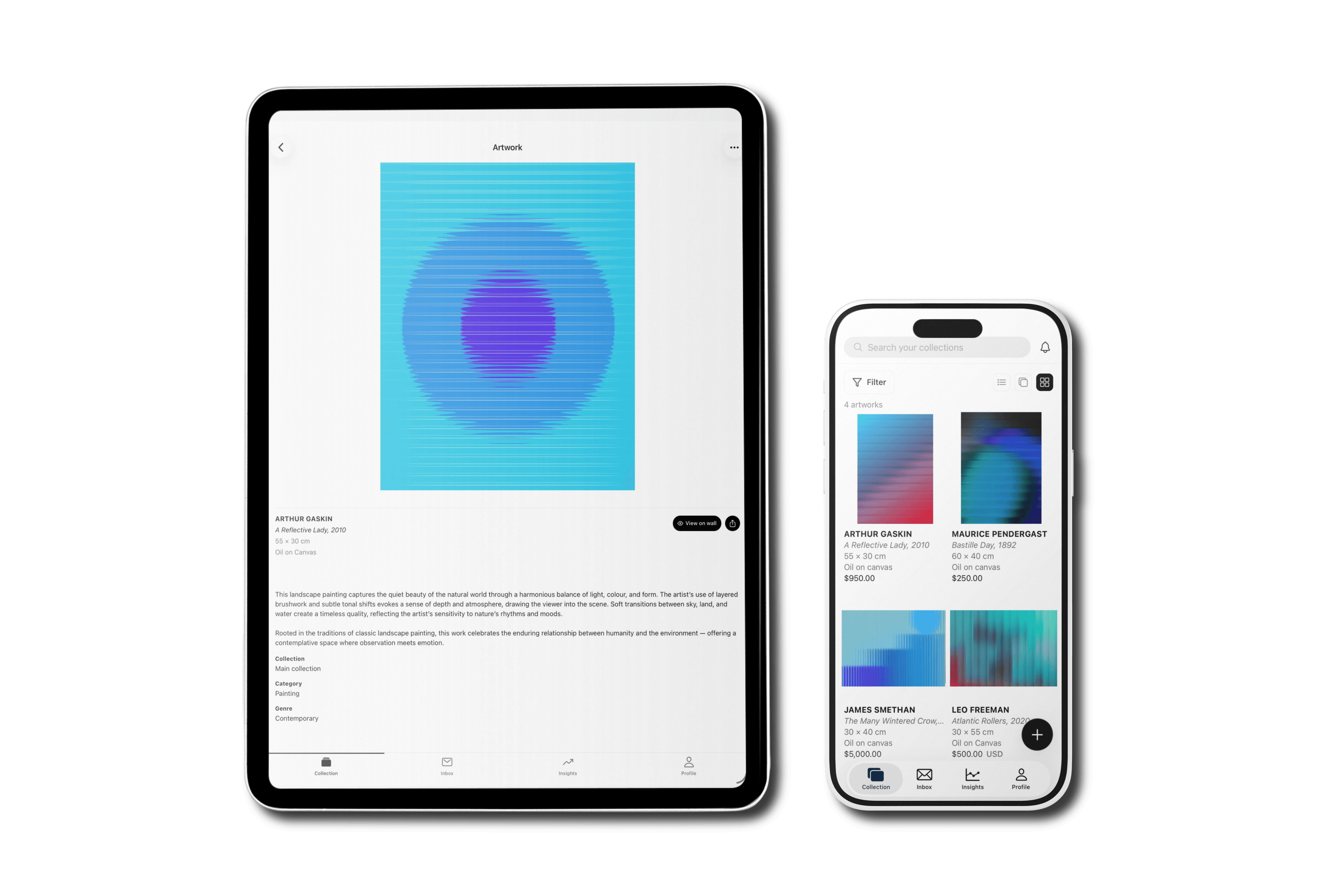 Private Collection on tablet and phone — artwork record and collection grid.
