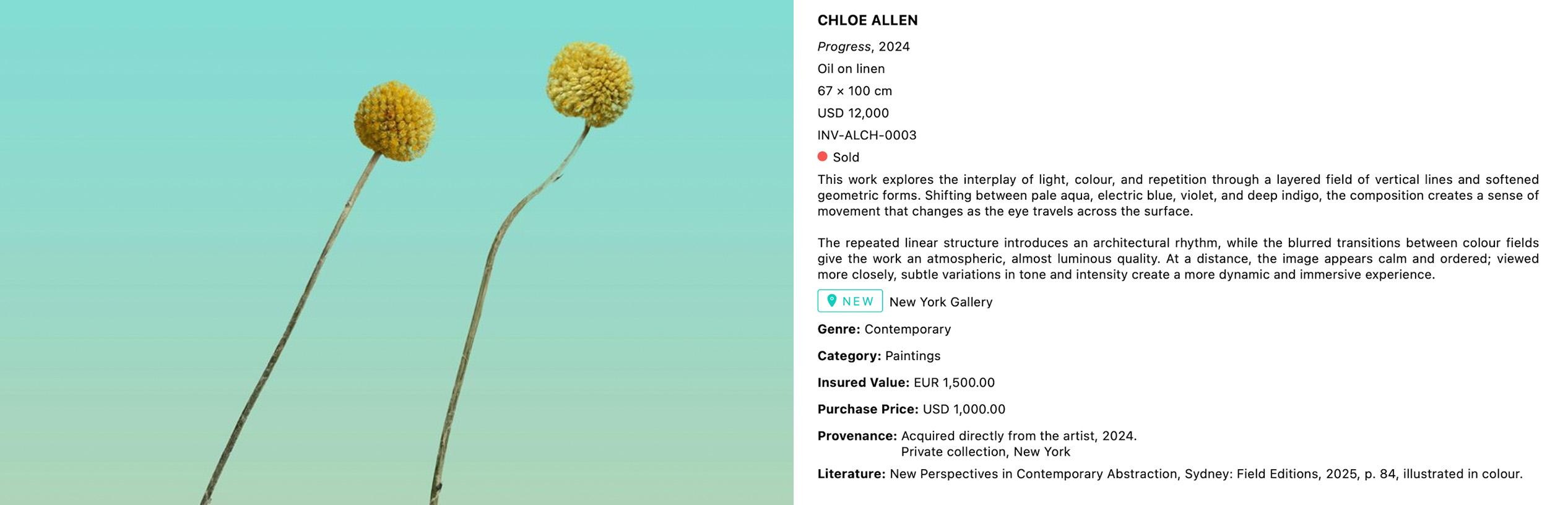 Artwork record for Chloe Allen, Progress, 2024 — oil on linen, sold, with provenance and location