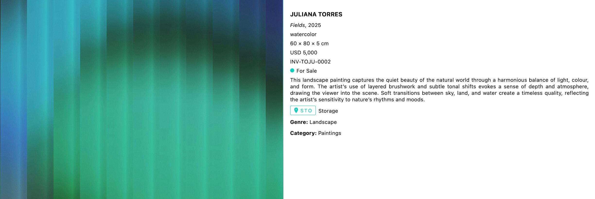 Artwork record for Juliana Torres, Fields, 2025 — watercolor, USD 5,000, for sale