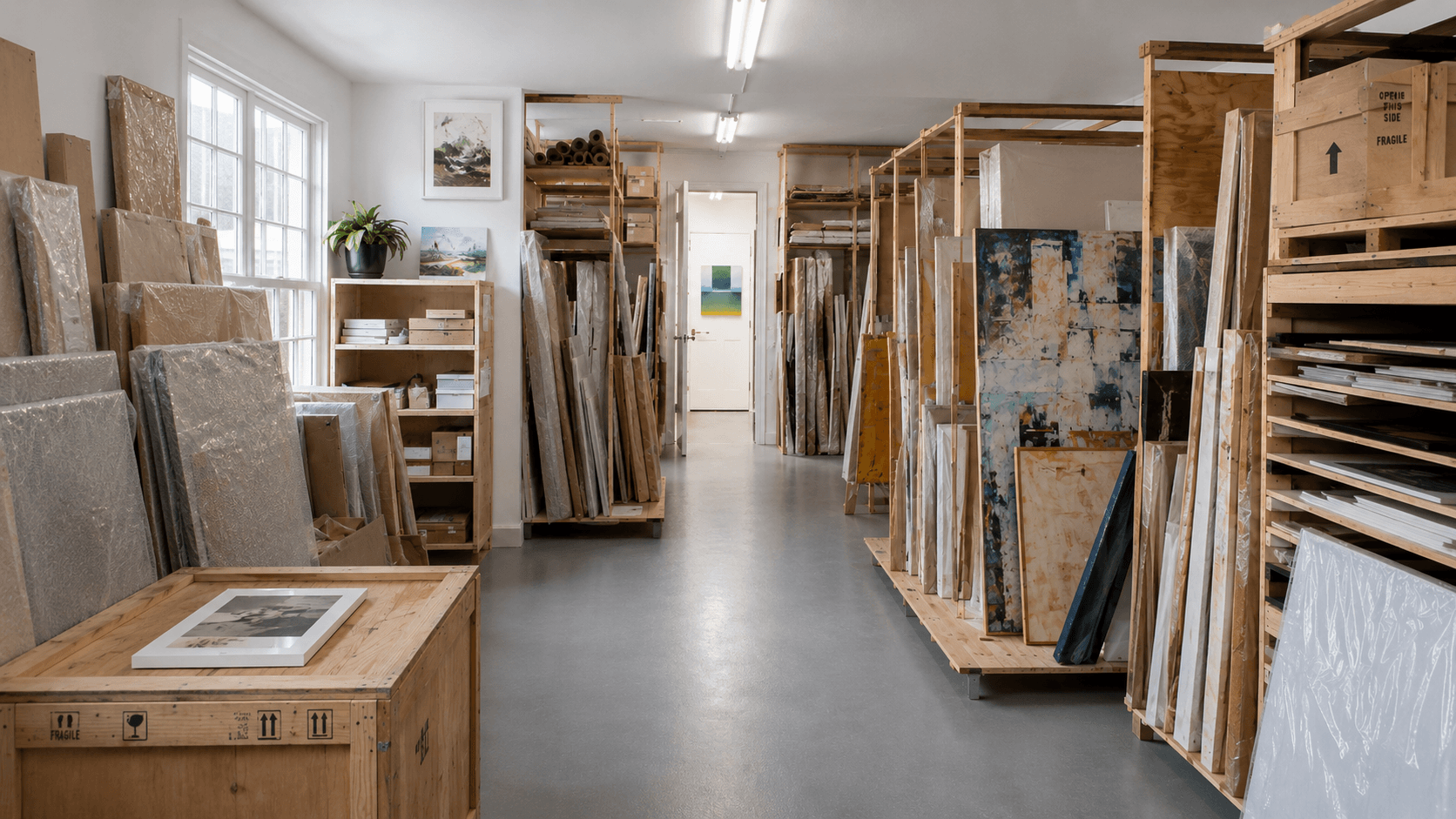 Art storage — crates, racking and works along a central aisle