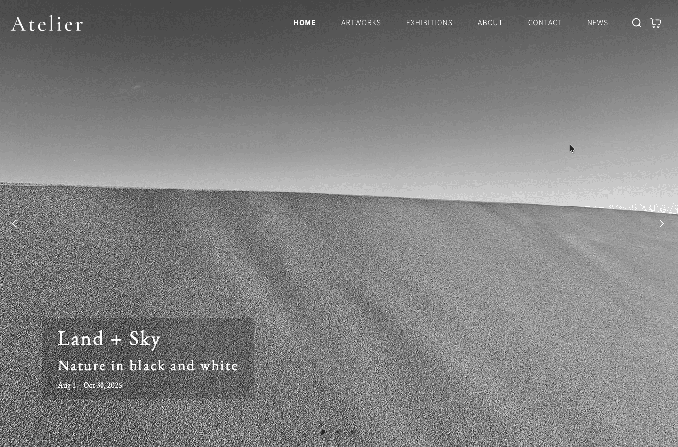 Atelier gallery website — Land + Sky exhibition hero in black and white