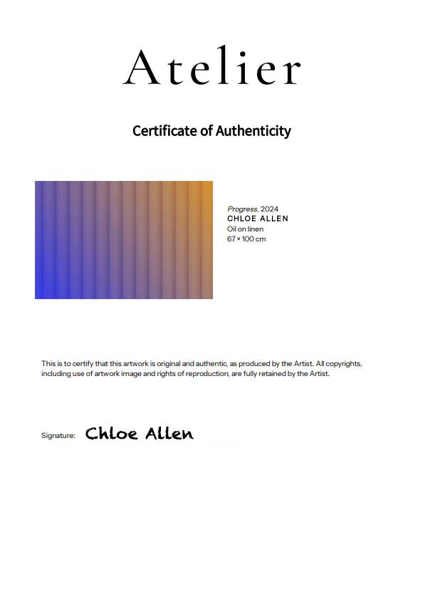 Certificate of authenticity for Chloe Allen, Progress, 2024 — oil on linen