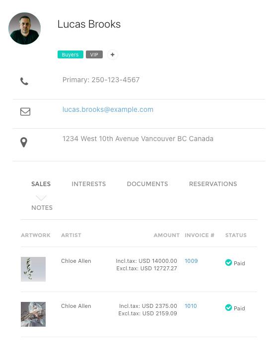 Contact record for Lucas Brooks — buyer, VIP, with sales of works by Chloe Allen