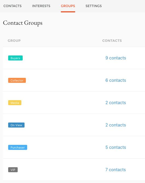 Contact groups — Buyers, Collector, Media, On View, Purchaser and VIP