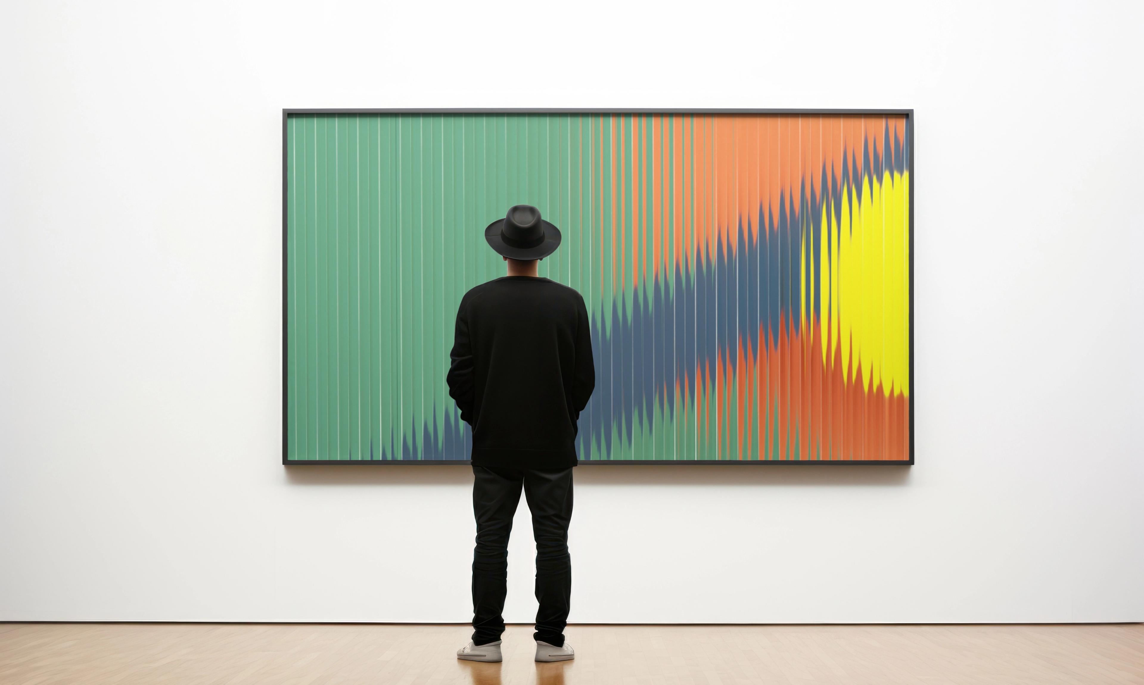 Collector standing in a gallery, looking at a painting on a white wall