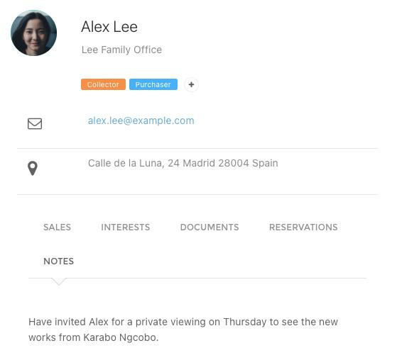 Contact record for Alex Lee, Lee Family Office — collector, invited to a private viewing