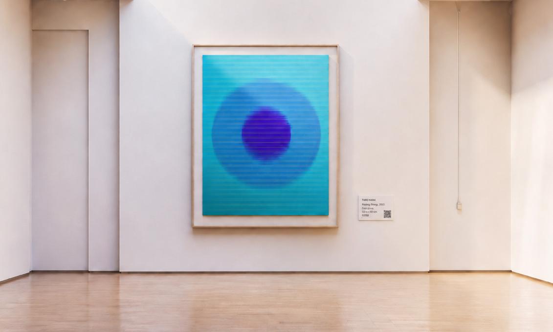 Gallery wall with a framed abstract painting and a QR-coded wall label