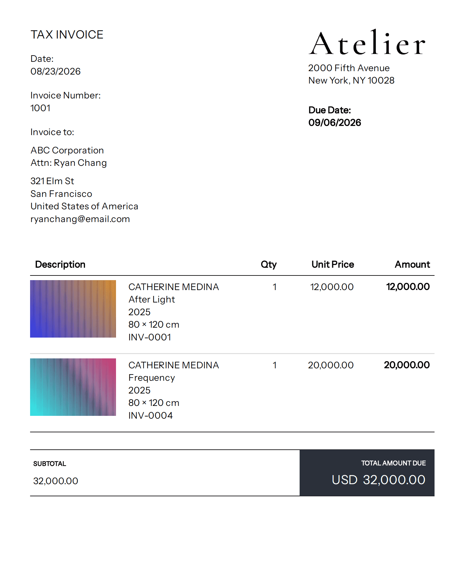 Atelier tax invoice 1001 for ABC Corporation — Catherine Medina, After Light and Frequency