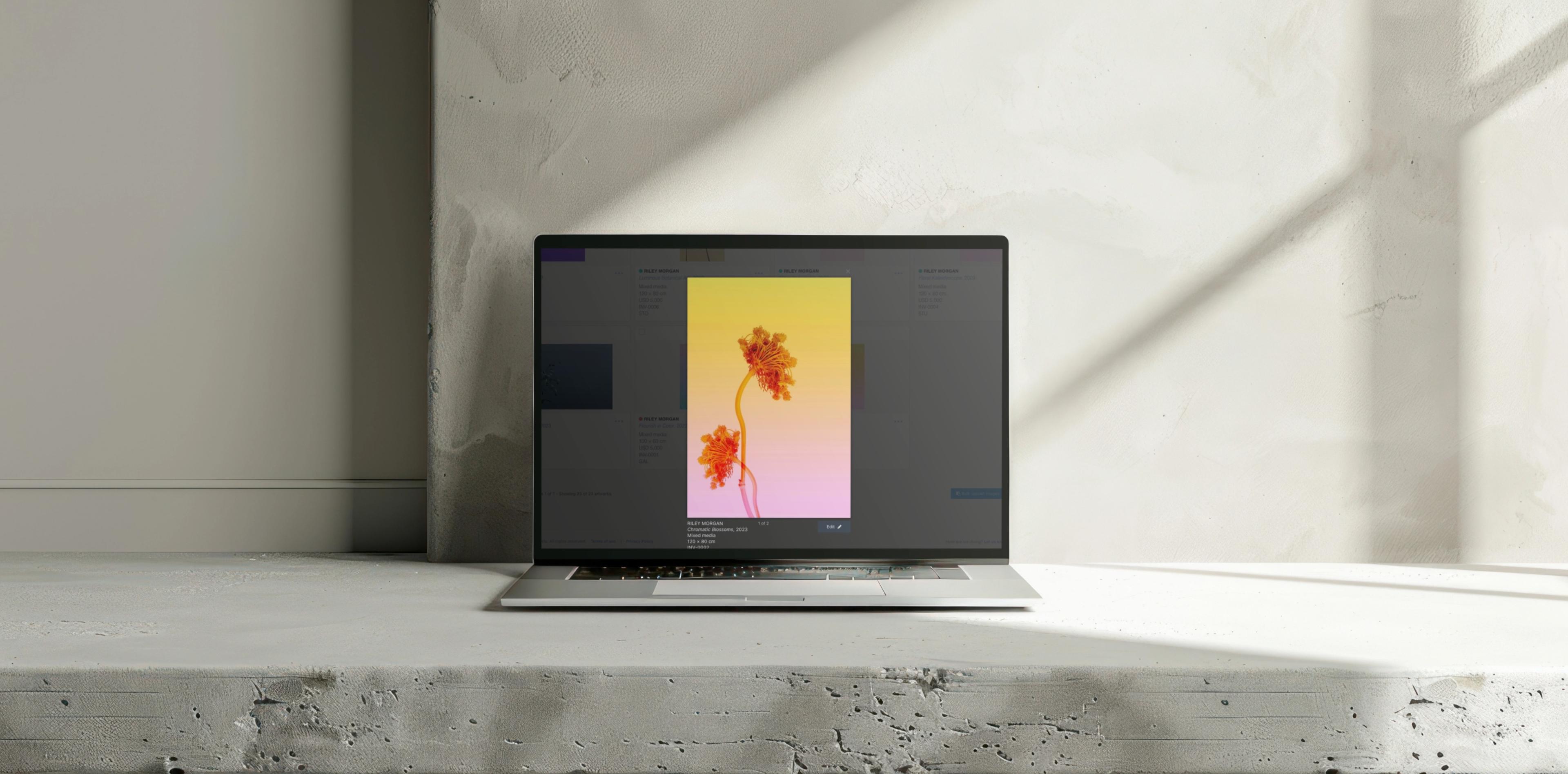 Laptop on a concrete table showing an Art Galleria artwork record for a photograph of orange flowers