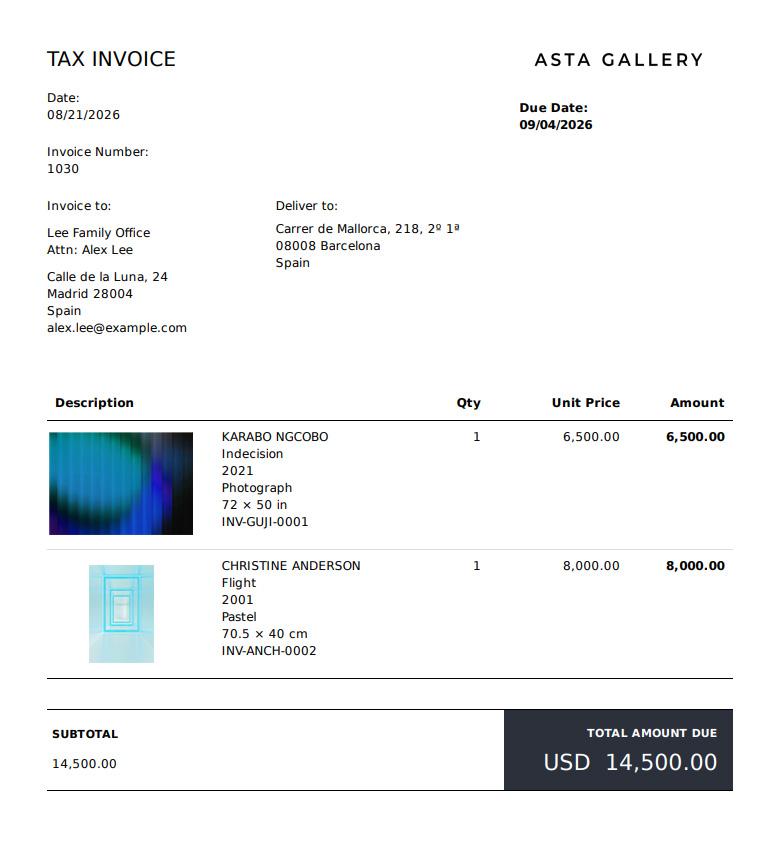 Asta Gallery tax invoice 1030 for Lee Family Office — Karabo Ngcobo, Indecision, and Christine Anderson, Flight