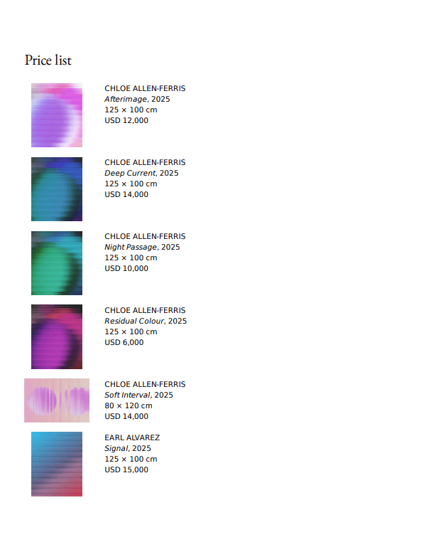Price list — Chloe Allen-Ferris and Earl Alvarez, with works and USD prices