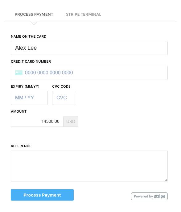 Process payment with Stripe — Alex Lee, USD 14,500.00