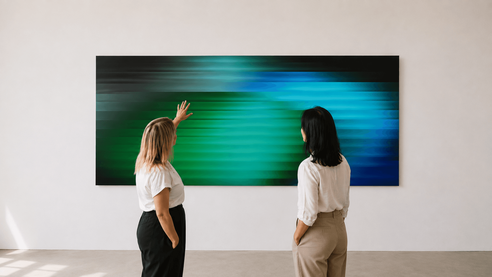 Two collectors considering a large abstract painting in a gallery