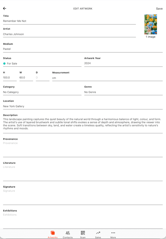 Art Galleria Folio on tablet — editing an artwork record with title, artist, medium, status and location.