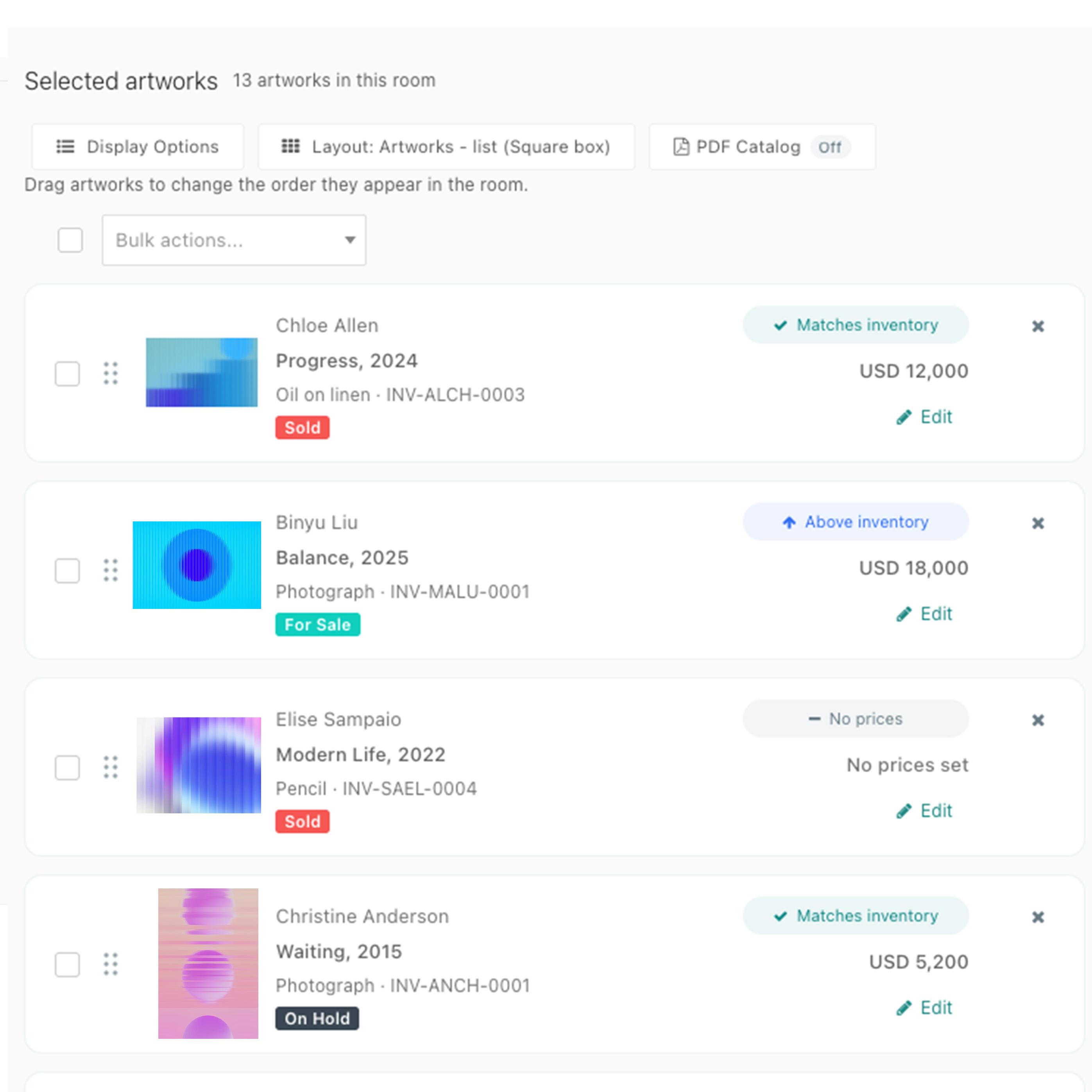 Viewing room selected artworks — drag to reorder, with inventory match and pricing