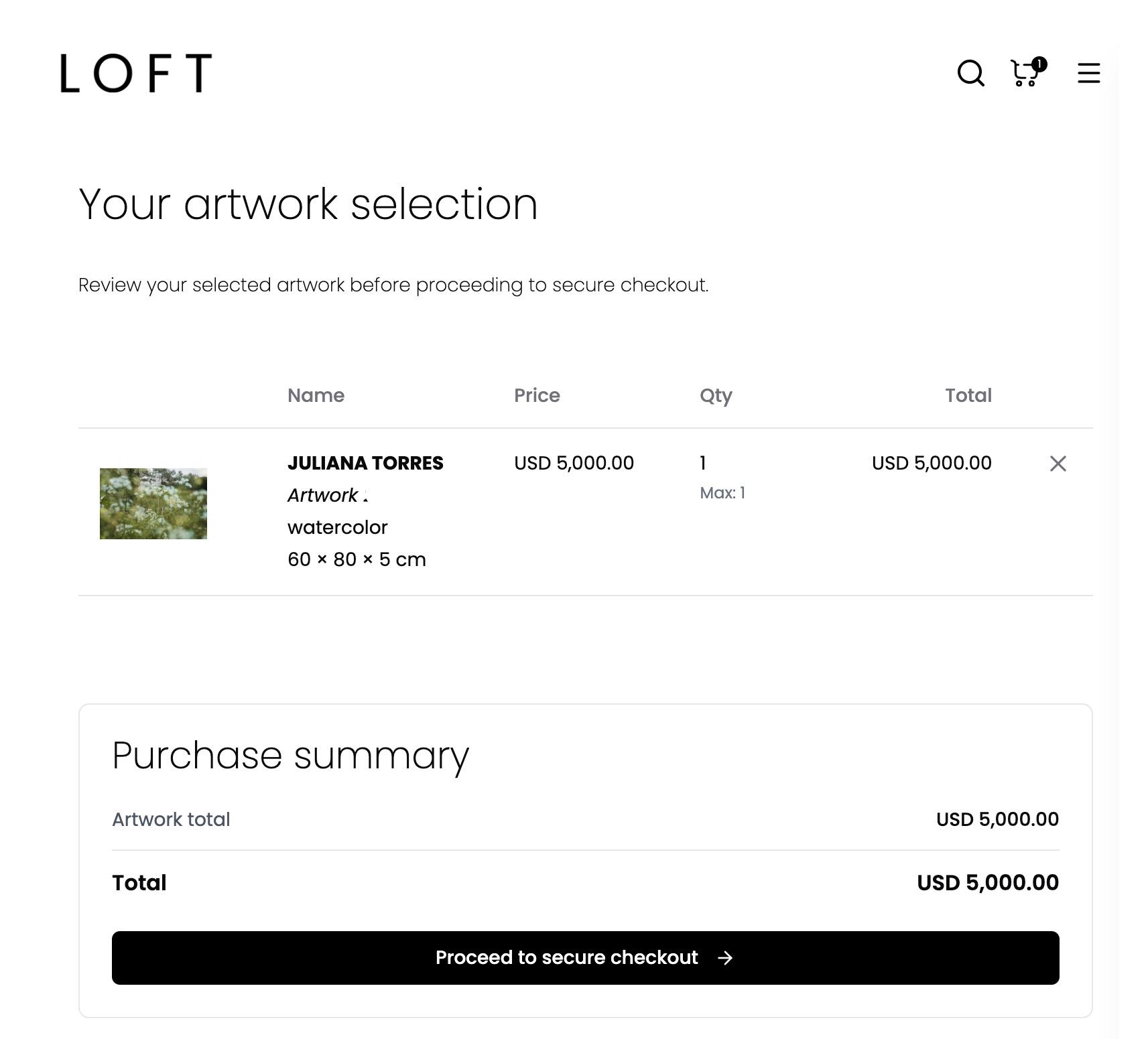 Loft website shopping cart — Juliana Torres watercolor, USD 5,000, with purchase summary and checkout.