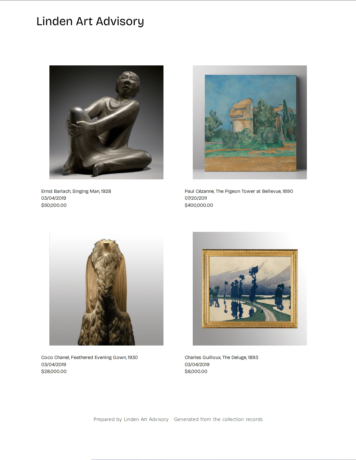 Linden Art Advisory collection catalogue with artworks, dates and valuations