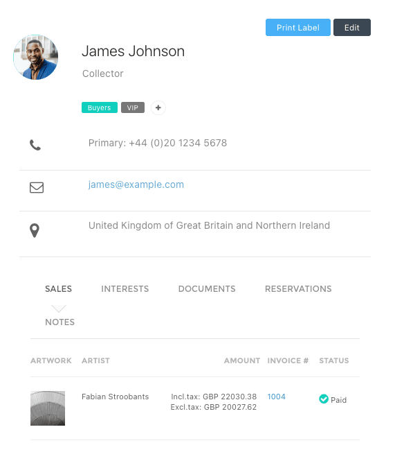 Art Galleria contact profile for James Johnson, collector — tags, contact details and sales history