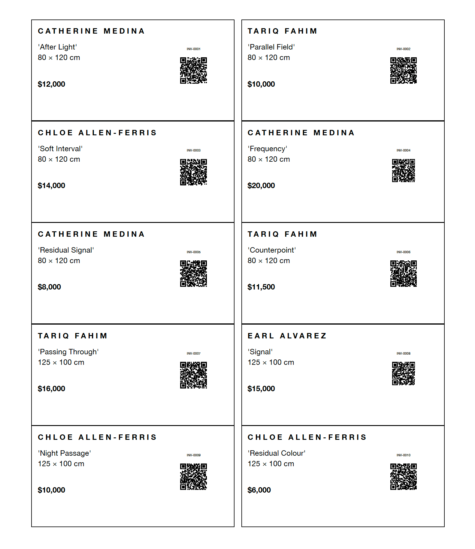 Exhibition labels sheet with QR codes