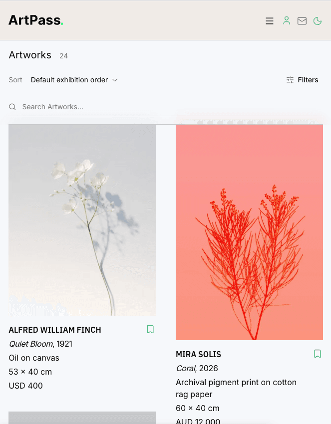 ArtPass exhibition catalogue — artworks grid with artist, title, medium and price.