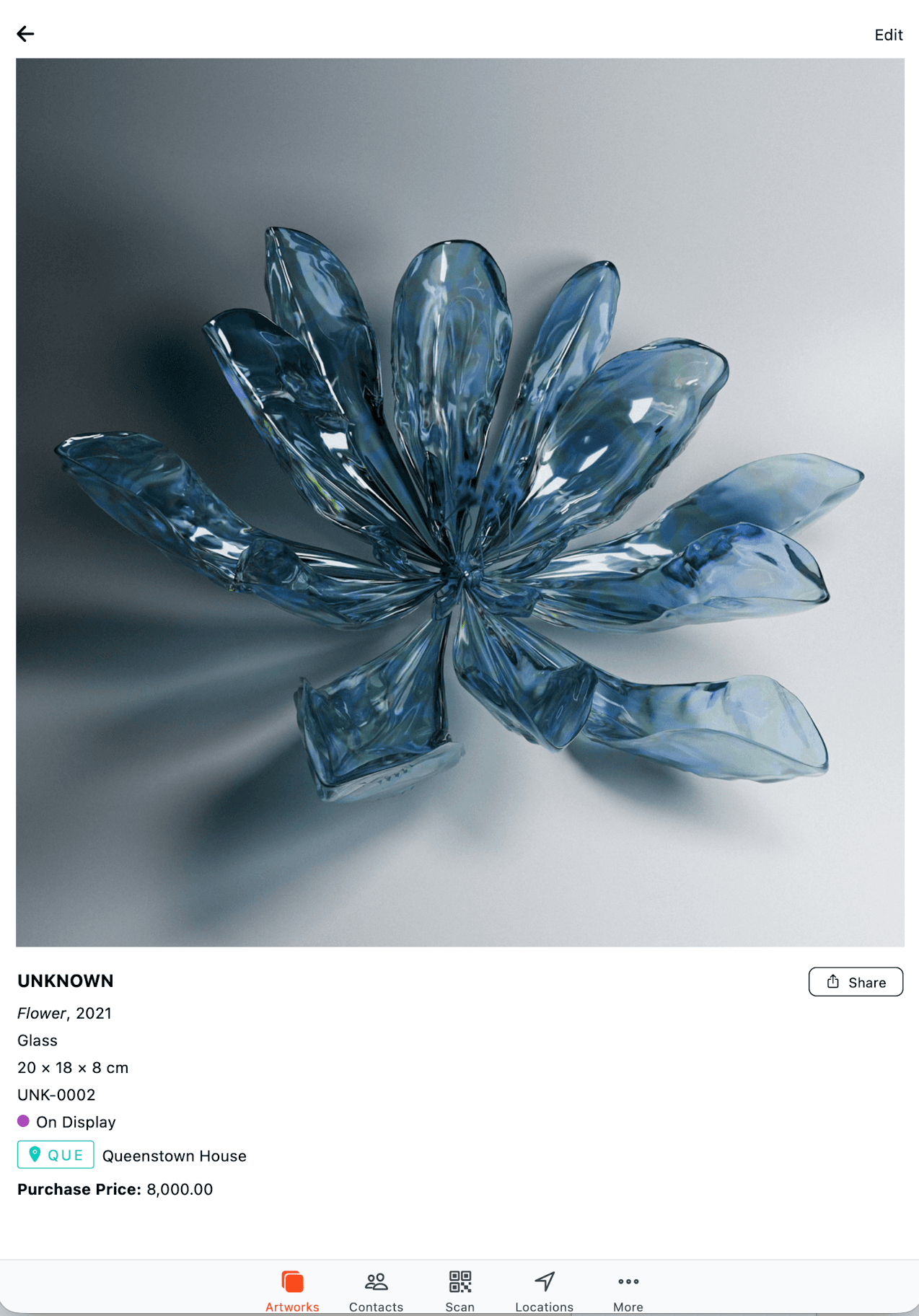 Art Galleria mobile artwork record — glass sculpture Flower, 2021, on display at Queenstown House.