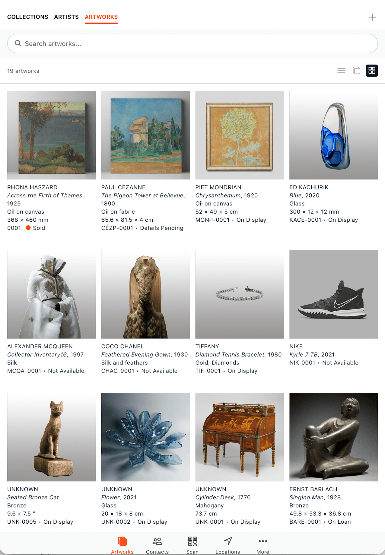 Art Galleria Folio artworks grid — collection inventory with artist, title, medium, status and location.